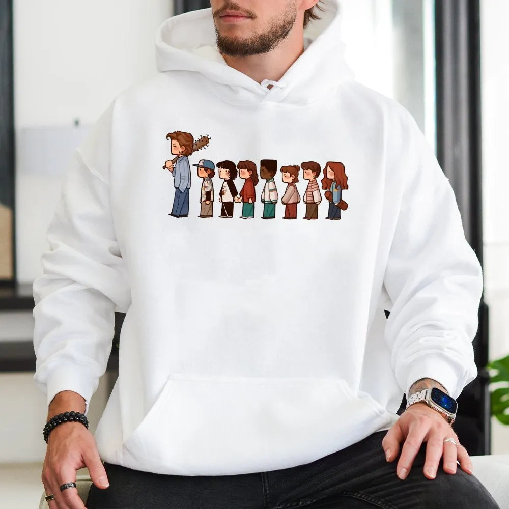 Stranger TV Show Hoodie | Chibi Character Lineup Graphic | Premium Cotton Blend Unisex Sweatshirt | Retro Sci-Fi Fan Gift