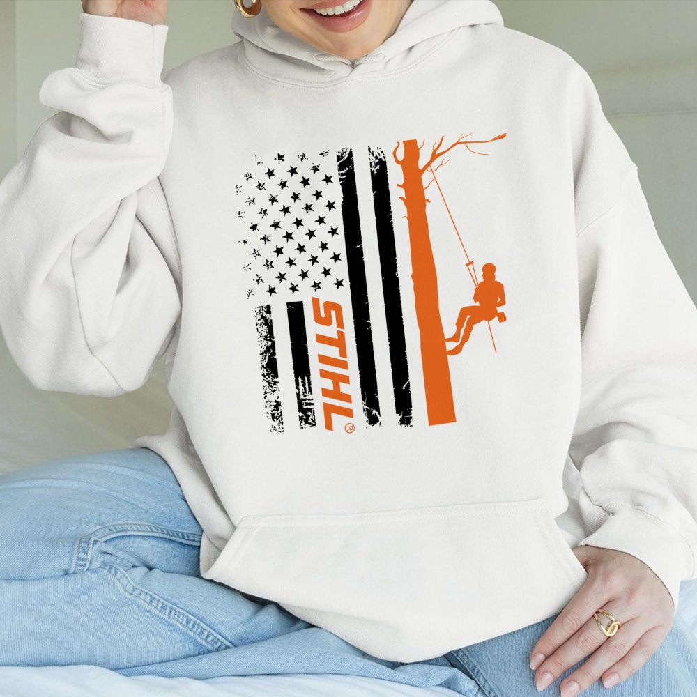 Arborist Tree Climber Hoodie | American Flag Logger Graphic | Premium Cotton-Poly Blend | Gift for Professional Tree Surgeons