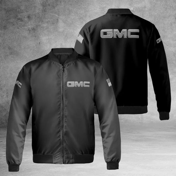 GMC Bomber Jacket | American Flag Logo Print | Durable Nylon Outerwear | Patriotic Automotive Enthusiast Gift