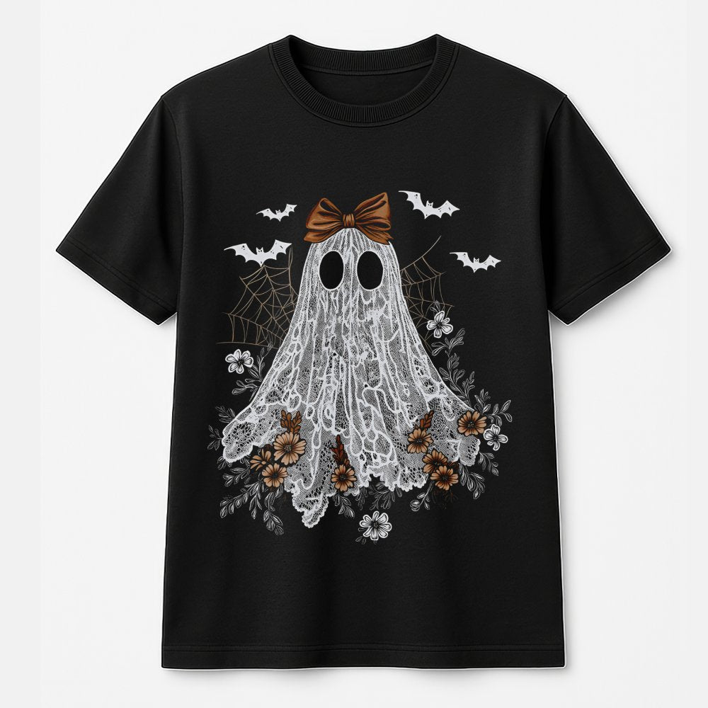 Lace Ghost T-Shirt | Cute Floral Halloween Design | Premium Soft Cotton | Spooky Aesthetic Gift for Women