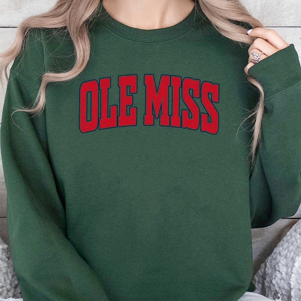 Ole Miss Sweatshirt | Distressed Collegiate Font Graphic Crewneck | Premium Cotton Blend | University Fan Gift Apparel