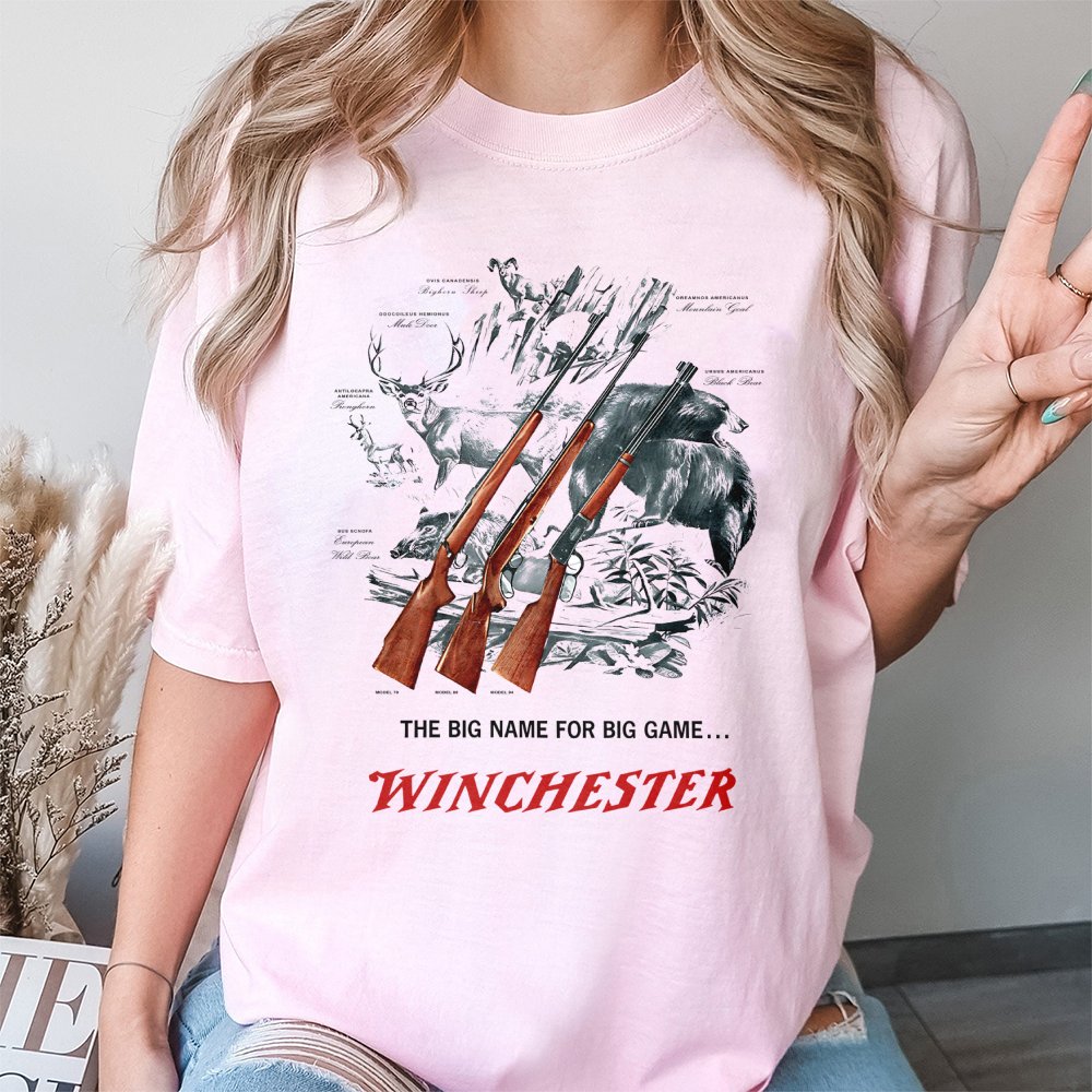 Winchester Big Game T-Shirt | Vintage Wildlife & Rifle Graphic | 100% Cotton Premium Apparel | Outdoor Hunting Gift For Men &