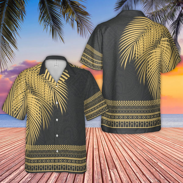 Polynesian Tribal Hawaiian Shirt | Gold Palm Leaves Print | Premium Breathable Polyester | Vacation Beach Gift for Men