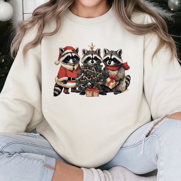Cute Raccoon Christmas Sweatshirt | Festive Woodland Animal Graphic | Premium Cotton-Poly Blend | Cozy Holiday Gift for Anima