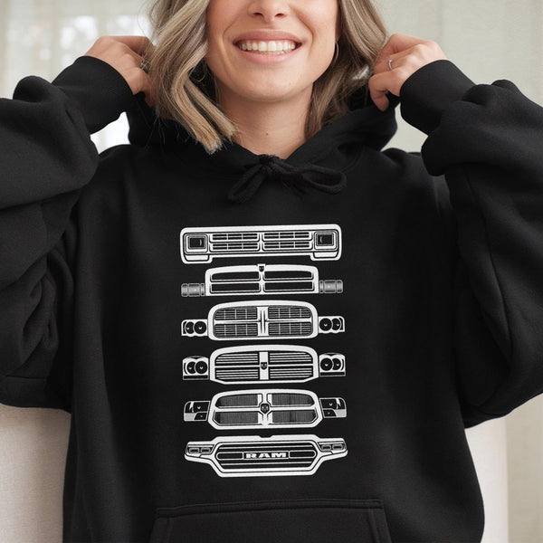Ram Truck Evolution Hoodie | Retro Grille Generations Graphic | Premium Cotton Blend | Gift For Truck Lovers And Pickup Enthu