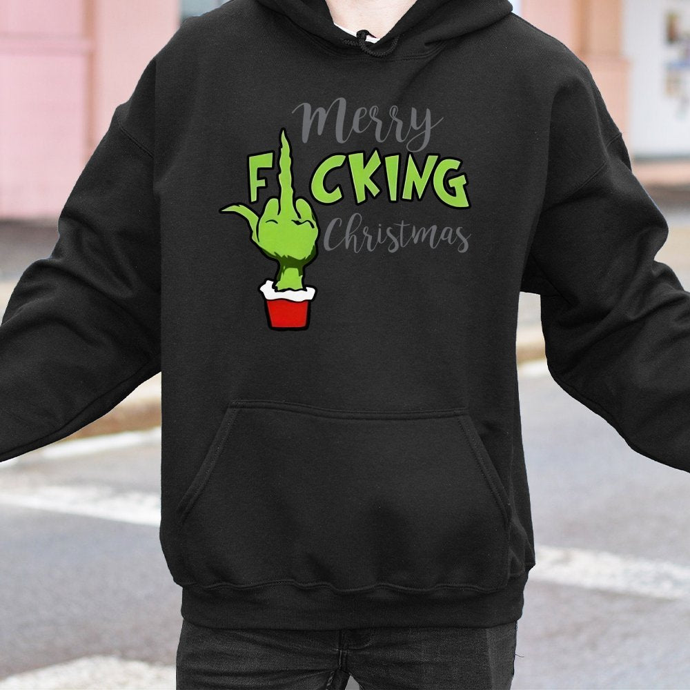 Merry Fucking Christmas Hoodie | Funny Grinch Middle Finger Graphic | Premium Cotton Blend | Sarcastic Xmas Gift for Adults