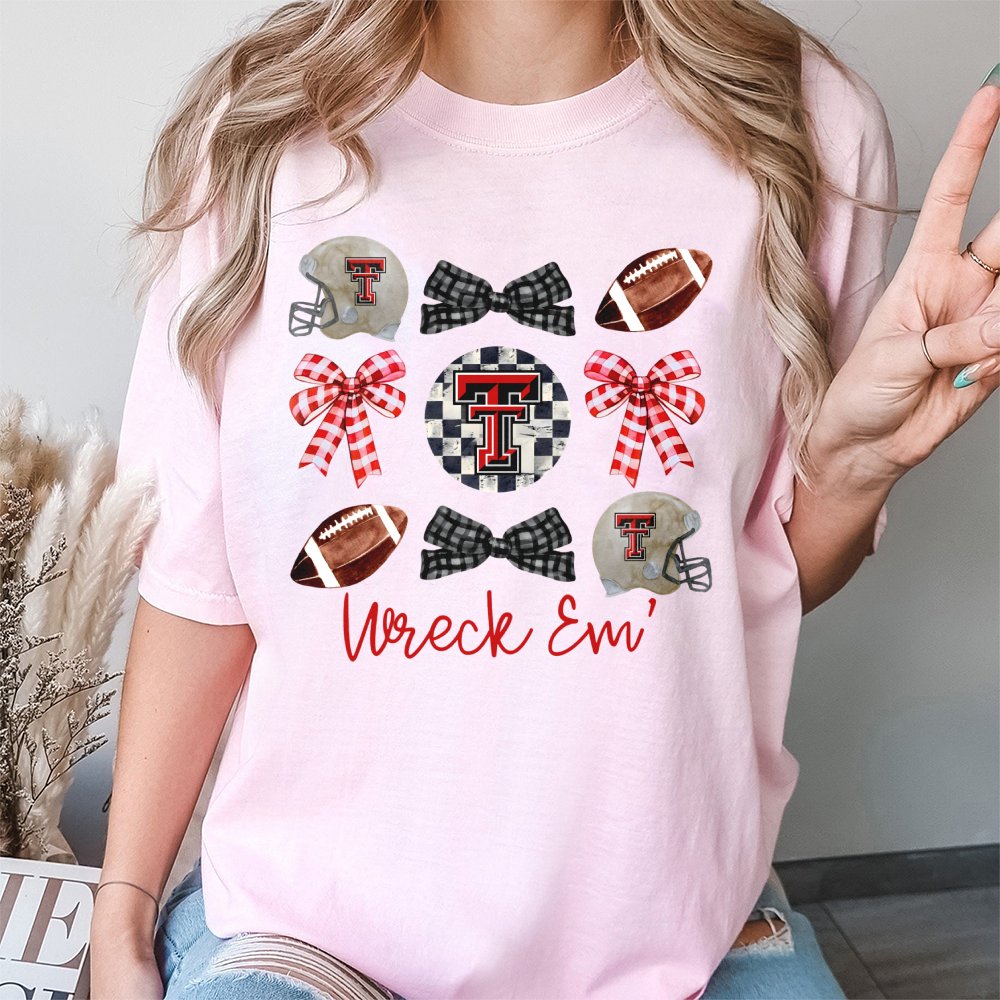 Texas Tech University Football T-Shirt | Wreck Em Coquette Bow Design | 100% Cotton Premium Comfort | Gift for College Studen