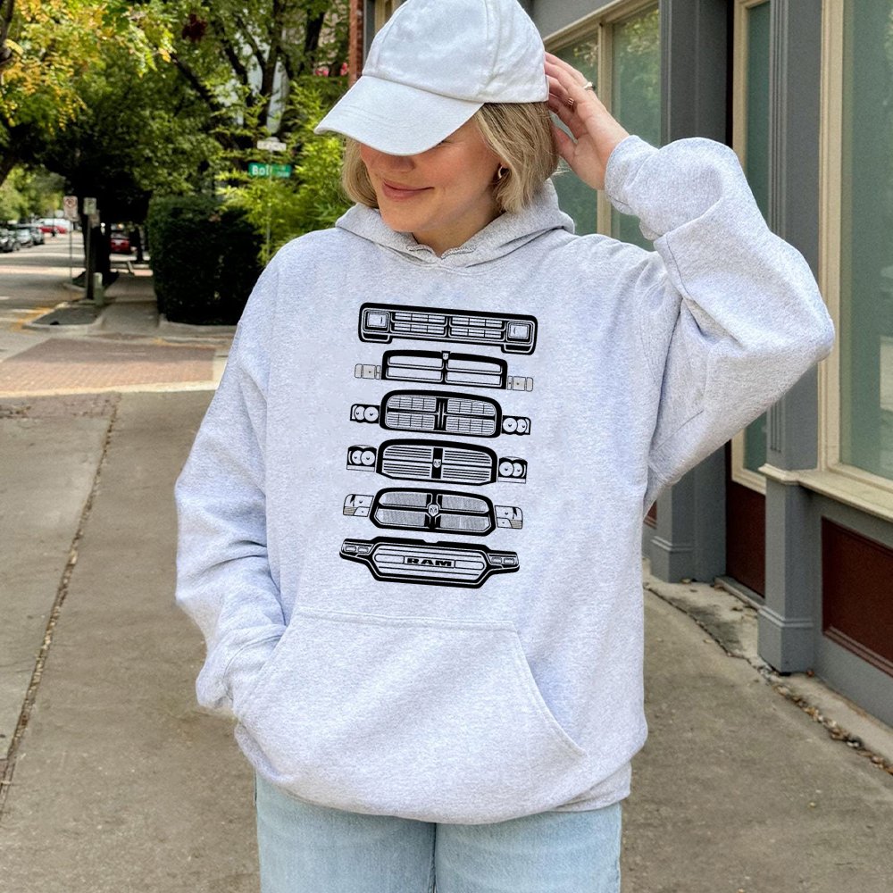 Ram Truck Evolution Hoodie | Retro Grille Generations Graphic | Premium Cotton Blend | Gift For Truck Lovers And Pickup Enthu