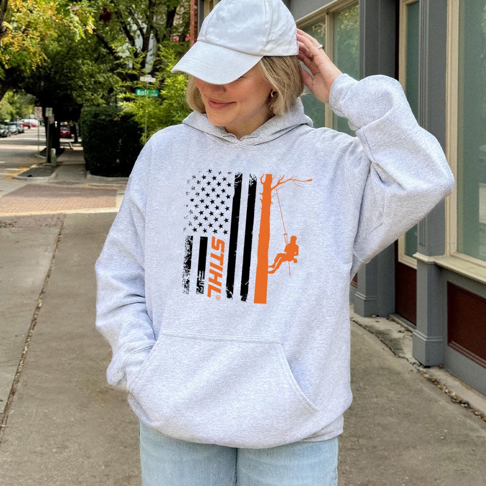 Arborist Tree Climber Hoodie | American Flag Logger Graphic | Premium Cotton-Poly Blend | Gift for Professional Tree Surgeons