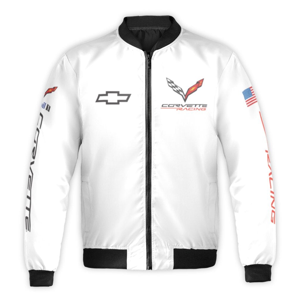 Corvette Racing Bomber Jacket | C8.R Motorsport Logo Print | Durable Nylon Shell | Premium Fan Gear Gift for Car Enthusiasts