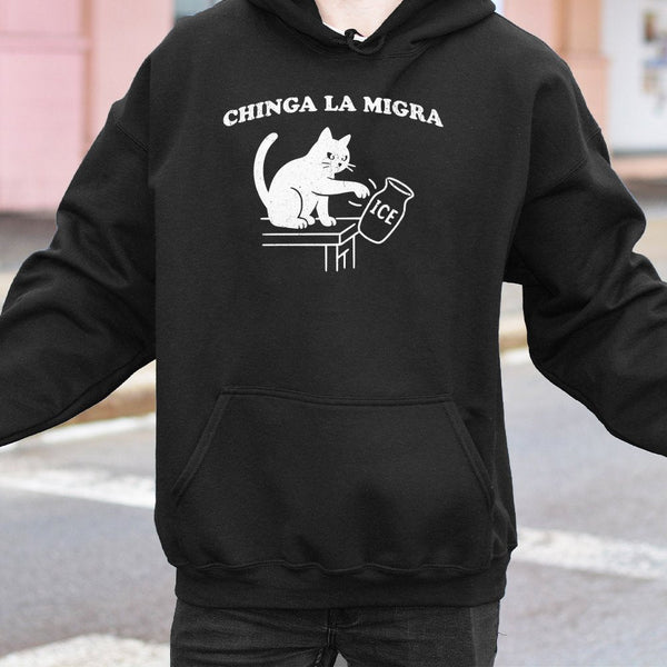 Chinga La Migra Hoodie | Funny Cat Pushing ICE Jar Graphic | Soft Cotton Blend Unisex Sweatshirt | Activist Protest Gift