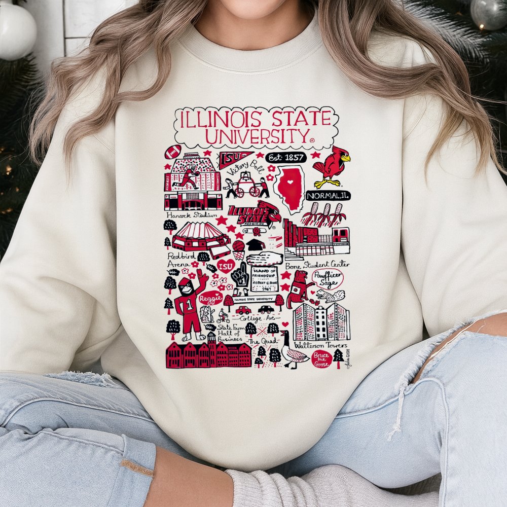 Illinois State University Sweatshirt | ISU Campus Landmarks Doodle Art | Cotton Blend Premium Crewneck | Gift for Redbirds St