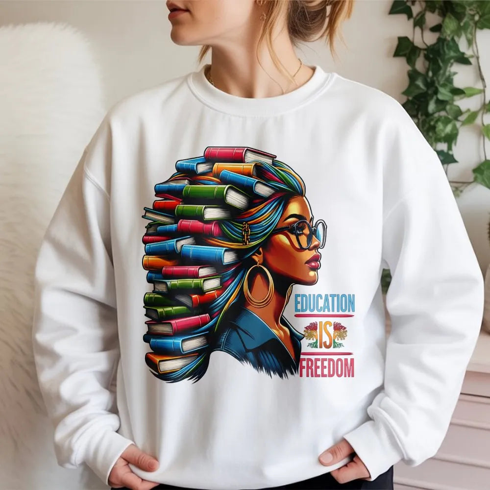Education Is Freedom Sweatshirt | Black History Month Book Lover Graphic | Premium Cotton Blend | Gift For Black Teachers & S