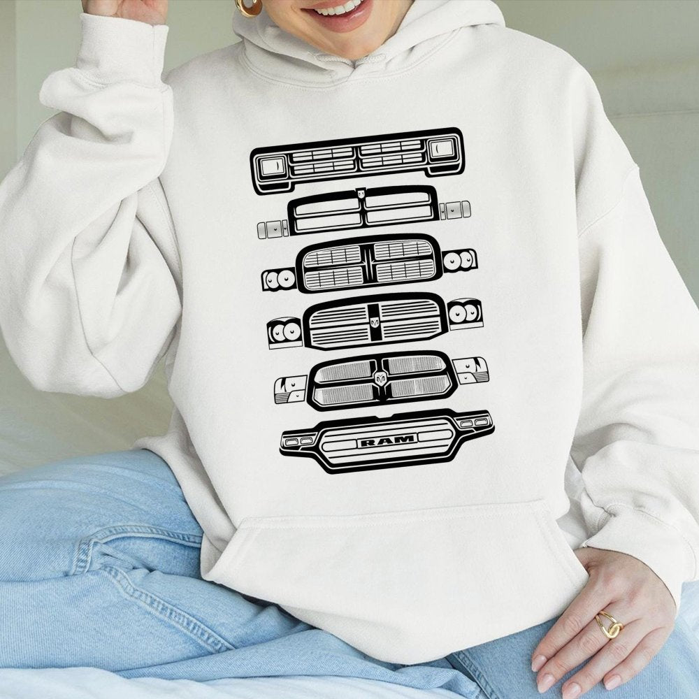 Ram Truck Evolution Hoodie | Retro Grille Generations Graphic | Premium Cotton Blend | Gift For Truck Lovers And Pickup Enthu