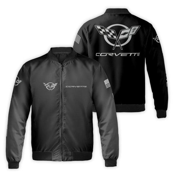 Corvette Logo Bomber Jacket | American Flag Graphic Streetwear | Durable Nylon Shell | Premium Gift for Sports Car Enthusiast