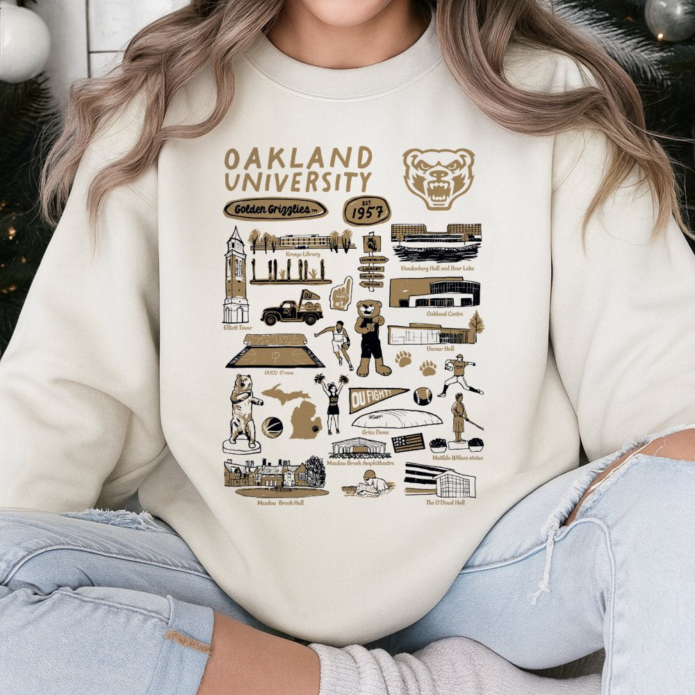 Oakland University Sweatshirt | Golden Grizzlies Campus Landmark Collage | Unisex Cotton Blend Crewneck | College Alumni Gift