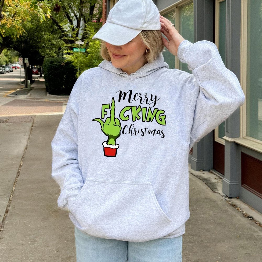 Merry Fucking Christmas Hoodie | Funny Grinch Middle Finger Graphic | Premium Cotton Blend | Sarcastic Xmas Gift for Adults