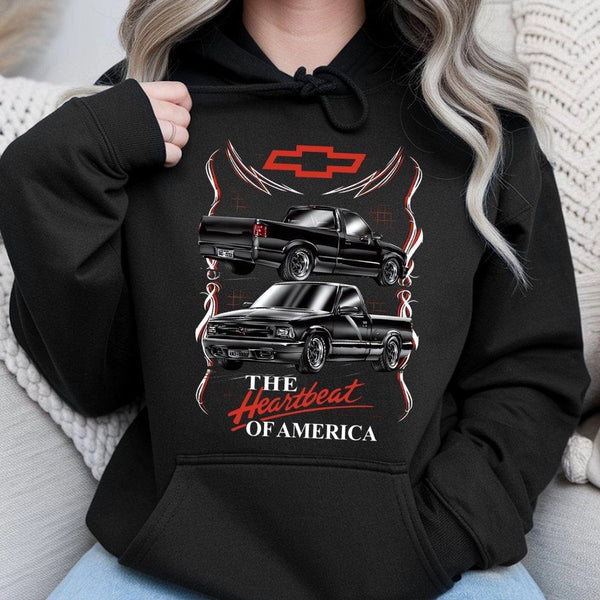 Chevy S10 Pickup Truck Hoodie | Vintage Heartbeat Of America Graphic | Premium Cotton Blend | Gift For Truck Enthusiast & Mec