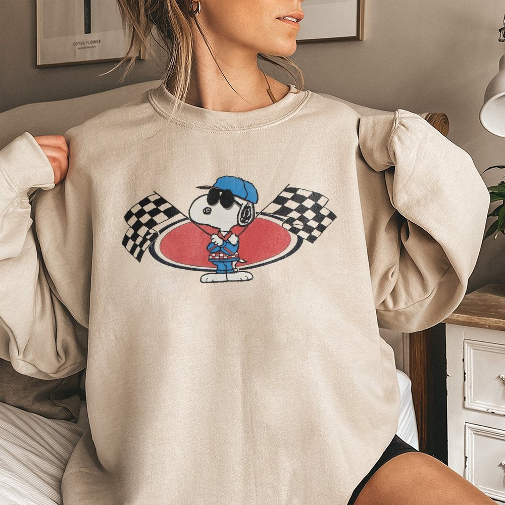 Joe Cool Race Car Sweatshirt | Vintage Peanuts Graphic Pullover | Premium Cotton Blend | Retro Cartoon Lover Gift For Men And