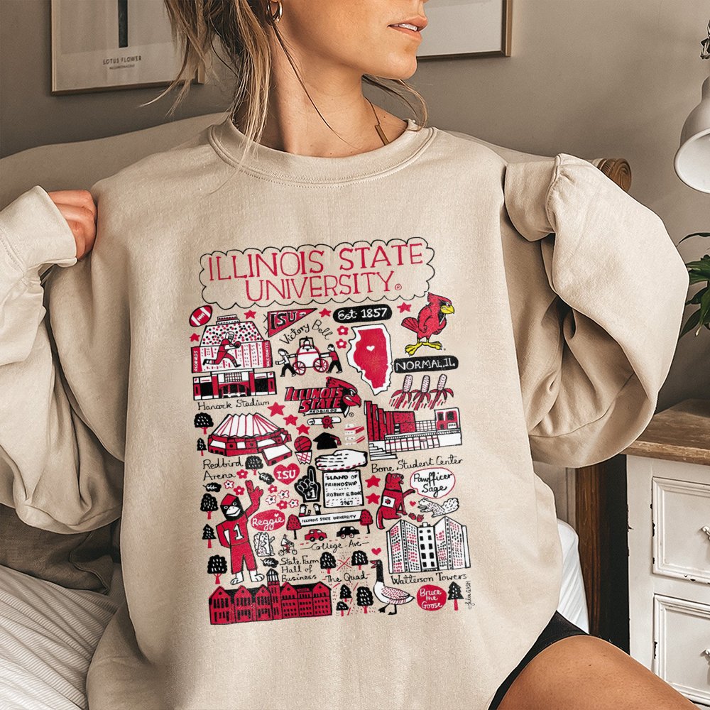 Illinois State University Sweatshirt | ISU Campus Landmarks Doodle Art | Cotton Blend Premium Crewneck | Gift for Redbirds St