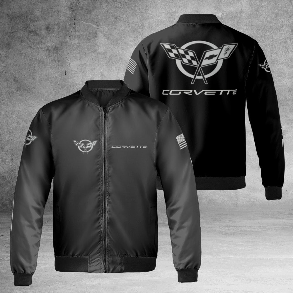 Corvette Logo Bomber Jacket | American Flag Graphic Streetwear | Durable Nylon Shell | Premium Gift for Sports Car Enthusiast