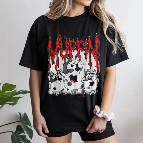 Cartoon Dog Graphic T-Shirt | Heavy Metal Muffin Band Style | Premium Cotton Apparel | Gift For Animation Fans And Cartoon Lo