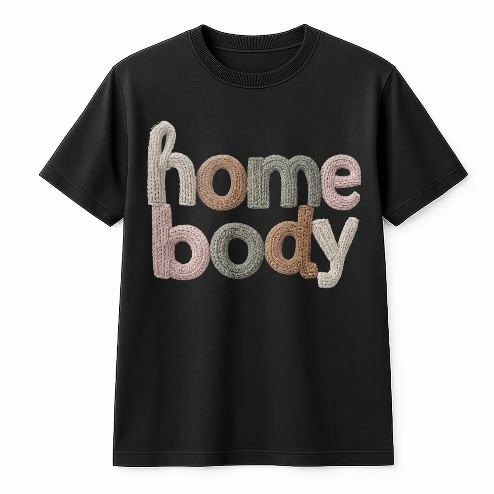 Homebody T-Shirt | Boho Knit Typography Graphic | Premium Soft Cotton | Cozy Aesthetic Gift for Introverts