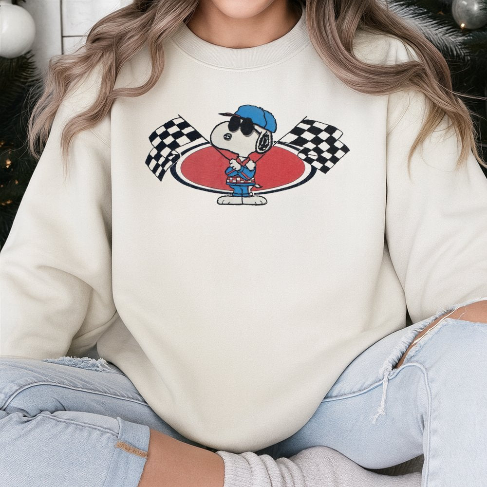 Joe Cool Race Car Sweatshirt | Vintage Peanuts Graphic Pullover | Premium Cotton Blend | Retro Cartoon Lover Gift For Men And