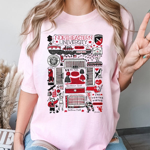 Northeastern University T-Shirt | Boston Campus Landmarks Collage Graphic | Premium Cotton Unisex Tee | Gift for Huskies Alum