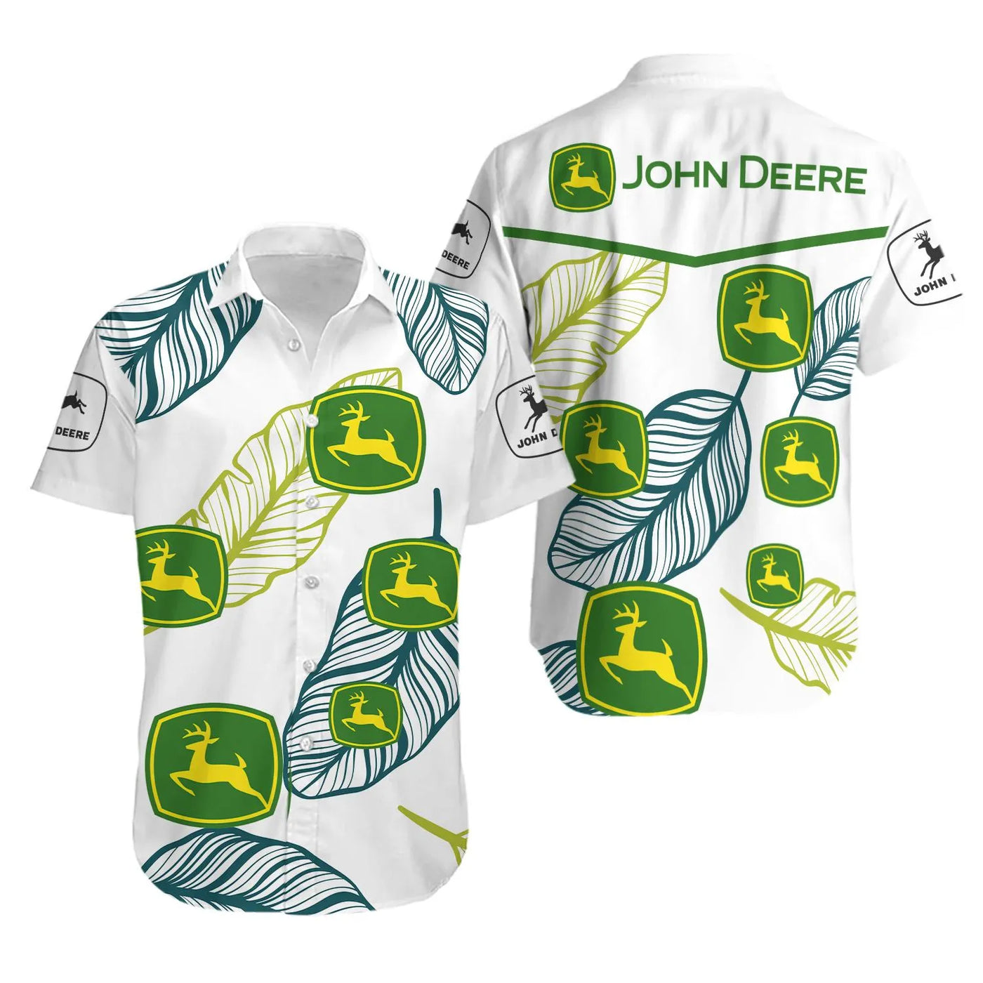John Deere Hawaiian Shirt | Tropical Leaf Pattern | Lightweight Summer Aloha Wear | Gift for Farming Fans