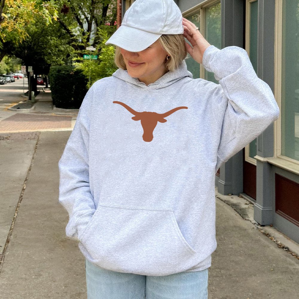 Longhorn Bull Hoodie | Minimalist Western State Pride Graphic | Soft Cotton-Poly Blend | Unisex College Football Tailgate Gif