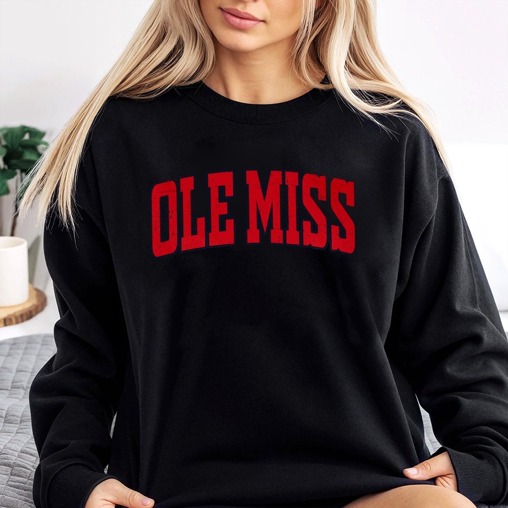 Ole Miss Sweatshirt | Distressed Collegiate Font Graphic Crewneck | Premium Cotton Blend | University Fan Gift Apparel