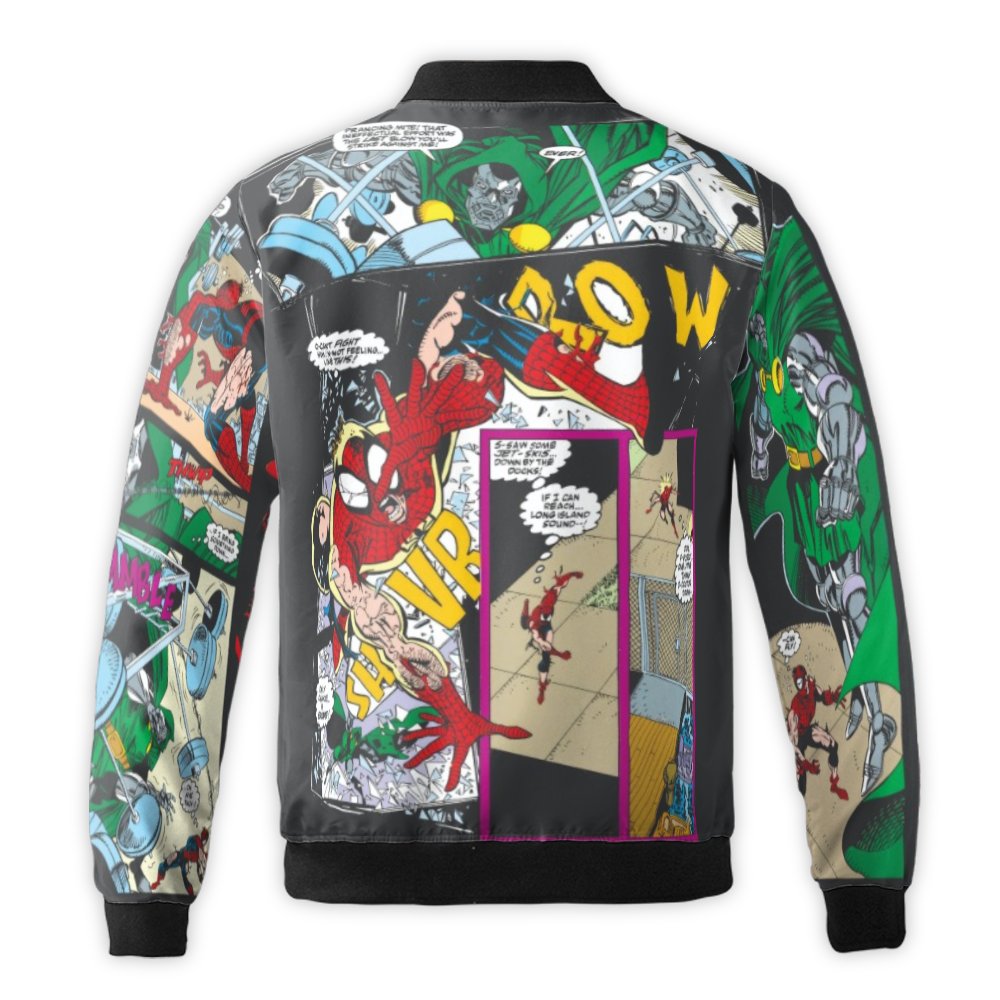 Superhero Comic Print Bomber Jacket | Retro Graphic Streetwear Outerwear | Durable Nylon Shell | Unique Gift for Marvel Comic
