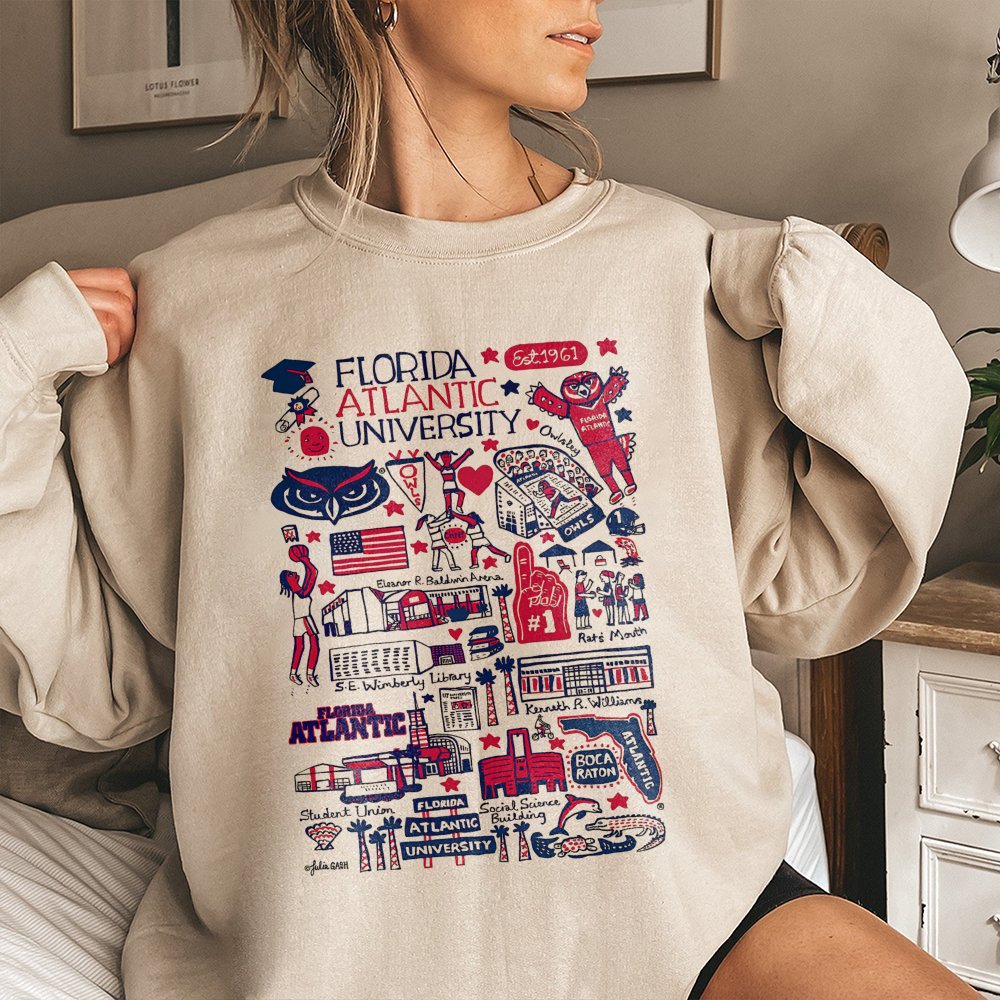 Florida Atlantic University Sweatshirt | FAU Campus Map Doodle Graphic | Premium Cotton Blend | Gift for Students Alumni and 