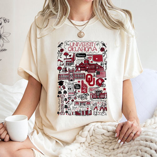 University Of Oklahoma T-Shirt | OU Campus Landmarks Graphic Art | 100% Cotton Premium Tee | Sooner Fans Gift For Alumni And 