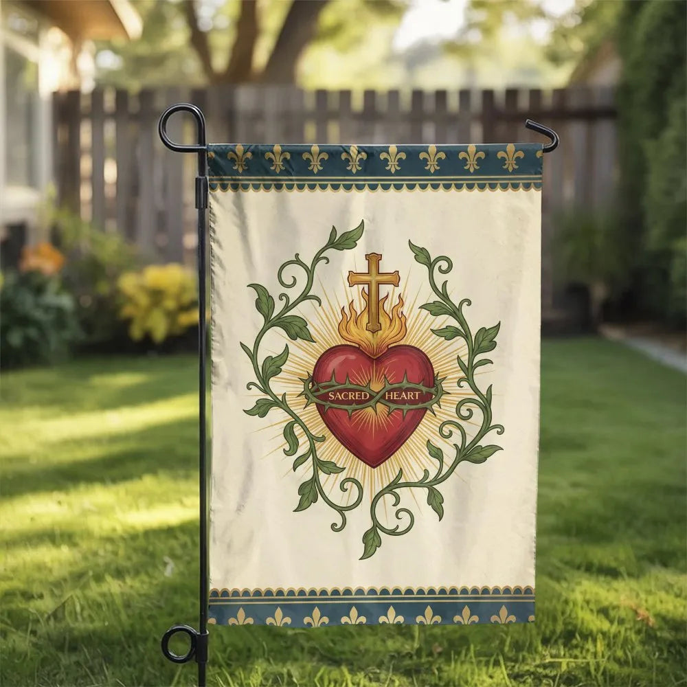 Sacred Heart of Jesus Garden Flag | Vintage Fleur-de-lis Botanical Art | Double Sided Premium Polyester | Catholic Christian 