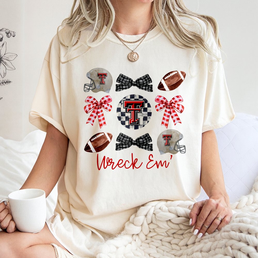 Texas Tech University Football T-Shirt | Wreck Em Coquette Bow Design | 100% Cotton Premium Comfort | Gift for College Studen