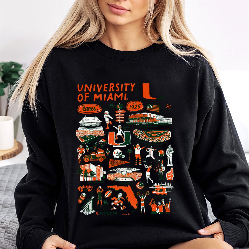 University of Miami Sweatshirt | Vintage Style Campus Icons Collage | Premium Cotton Blend | Unisex Gift for Hurricanes Stude