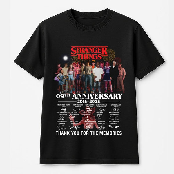 Stranger Sci-Fi Series 9th Anniversary T-Shirt | Retro Cast Signature Tribute Graphic | Premium Soft Cotton Tee | Limited Edi