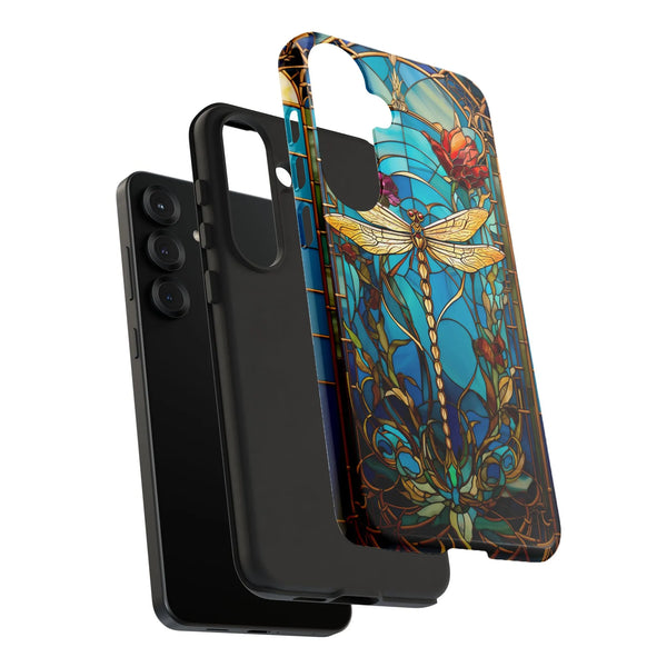 Stained Glass Dragonfly Phone Case | Artistic Floral Nature Pattern | Dual-Layer Polycarbonate Protection | Unique Gift for S