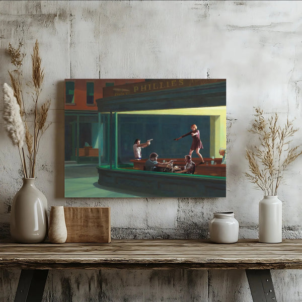 Pulp Fiction Nighthawks Horizontal Canvas | Tarantino Movie Characters in Hopper Diner Art | Premium 1.25" Gallery Canvas | G