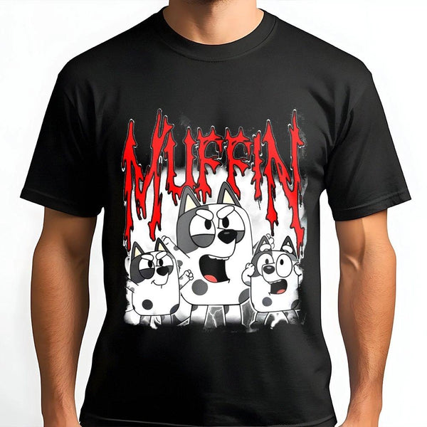 Cartoon Dog Graphic T-Shirt | Heavy Metal Muffin Band Style | Premium Cotton Apparel | Gift For Animation Fans And Cartoon Lo