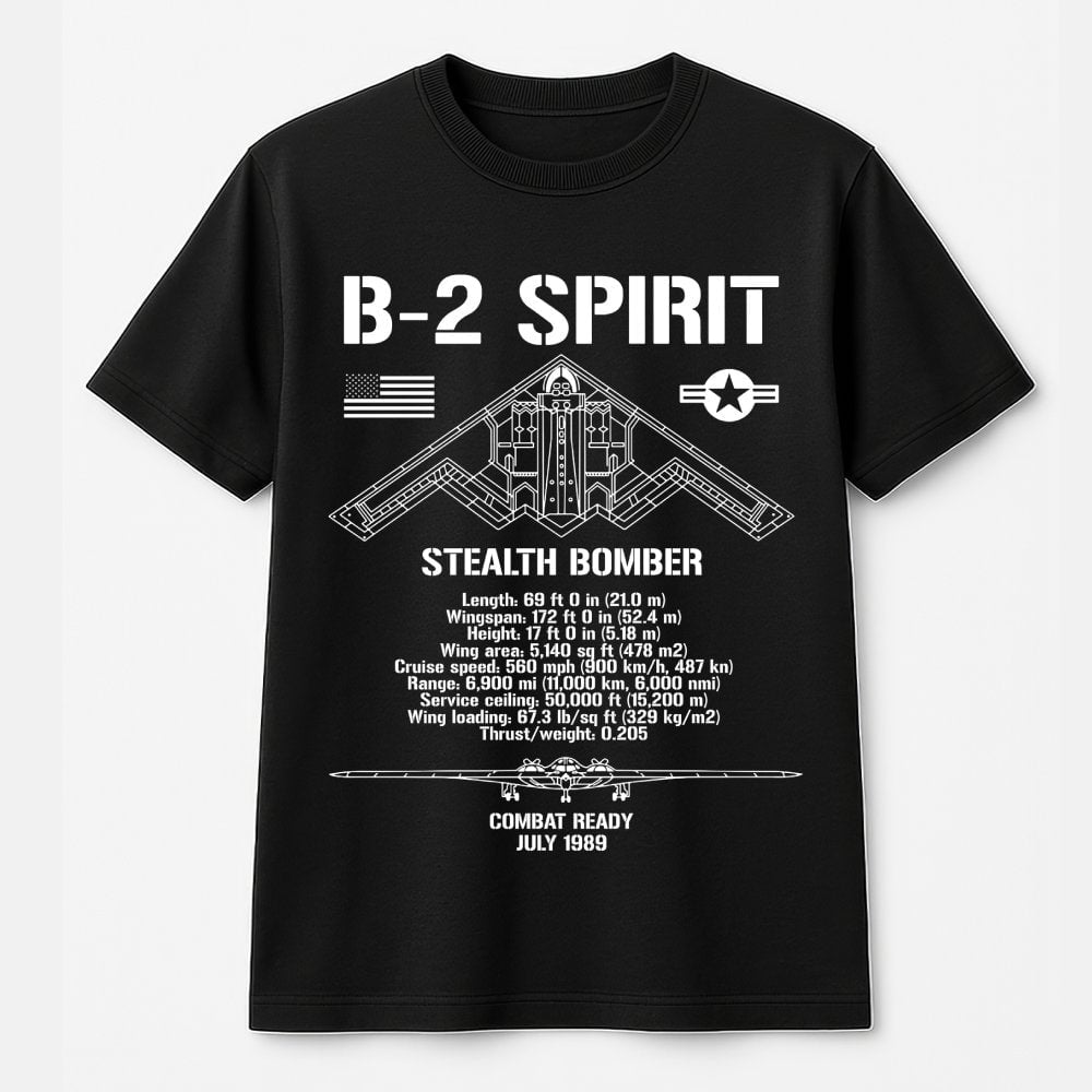 B-2 Spirit Stealth Bomber T-Shirt | Technical Blueprint Schematic Design | 100% Cotton Premium Tee | Aviation Gift for Milita