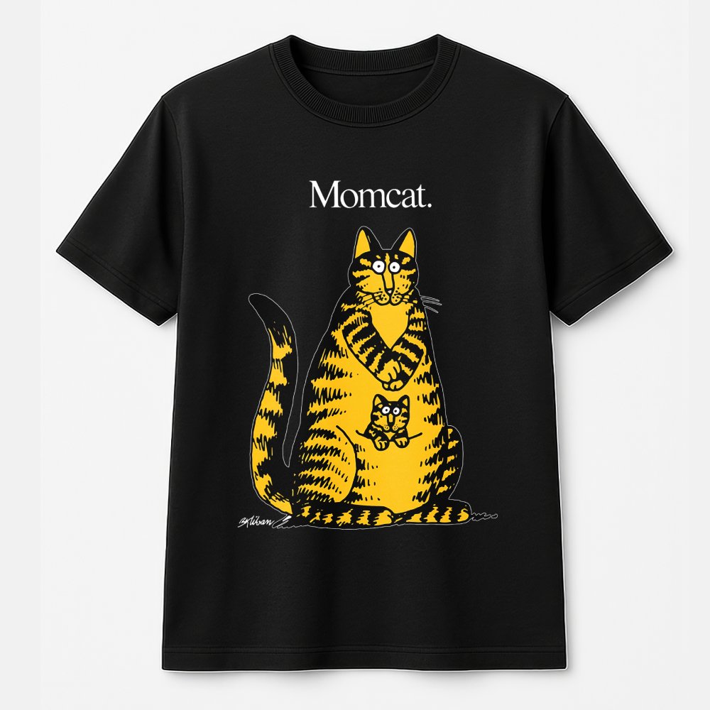 Momcat T-Shirt | Retro B. Kliban Style Graphic Cat Art | 100% Cotton Premium Tee | Unique Cat Mom Gift Idea for Women and Cat