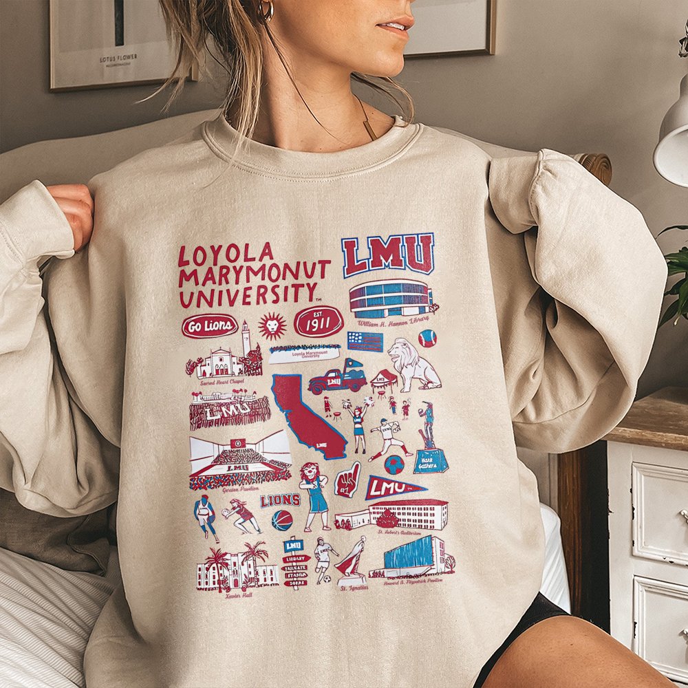Loyola Marymount University Sweatshirt | LMU Campus Landmarks Graphic | Premium Cotton-Blend Crewneck | Alumni & Student Gift