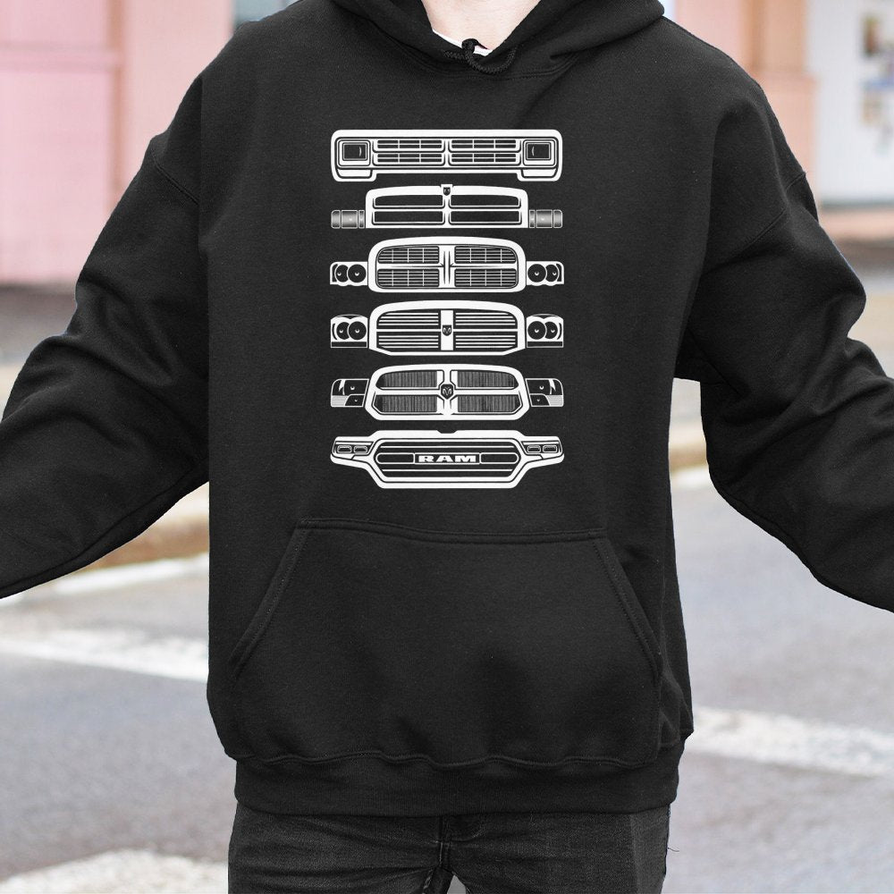 Ram Truck Evolution Hoodie | Retro Grille Generations Graphic | Premium Cotton Blend | Gift For Truck Lovers And Pickup Enthu