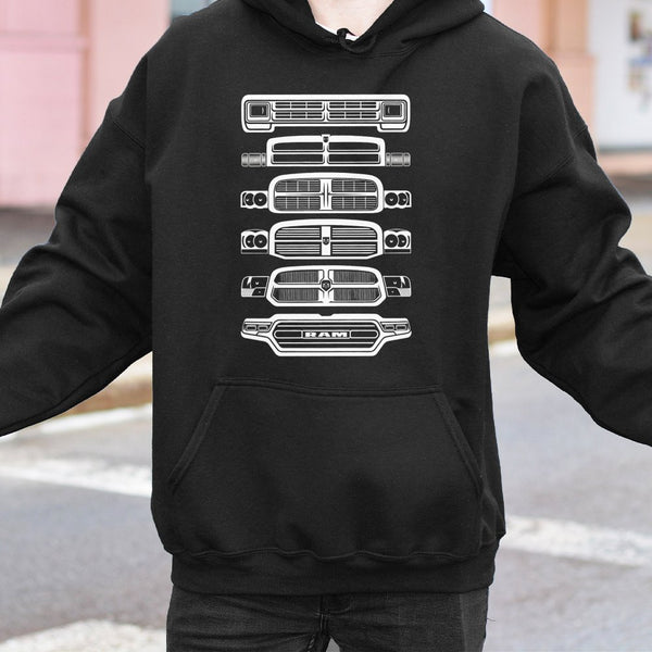 Ram Truck Evolution Hoodie | Retro Grille Generations Graphic | Premium Cotton Blend | Gift For Truck Lovers And Pickup Enthu