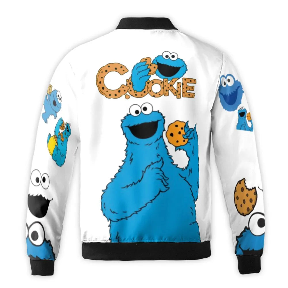 Blue Monster Bomber Jacket | Cookie Lover Streetwear Design | Durable Nylon Shell | Gift For Fans Of Retro Cartoons