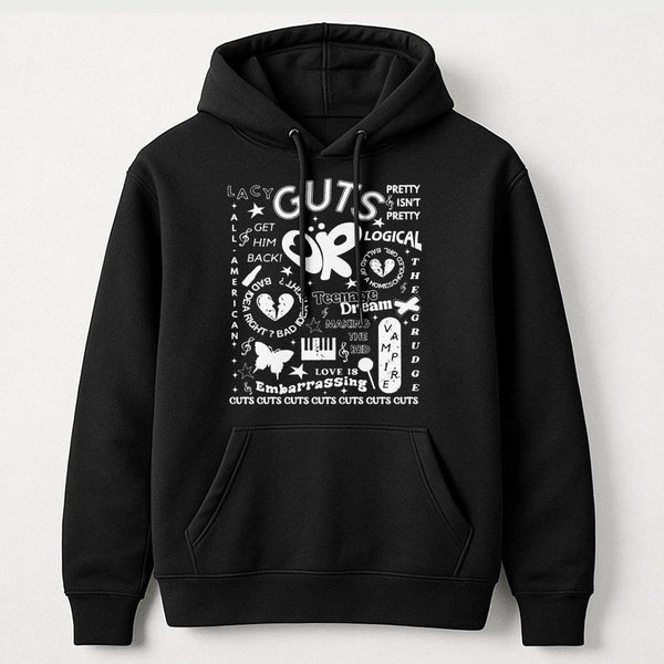 Music Album Collage Hoodie | Guts Tracklist Typography Graphic | Premium Cotton Blend Sweatshirt | Pop Culture Fan Gift For M