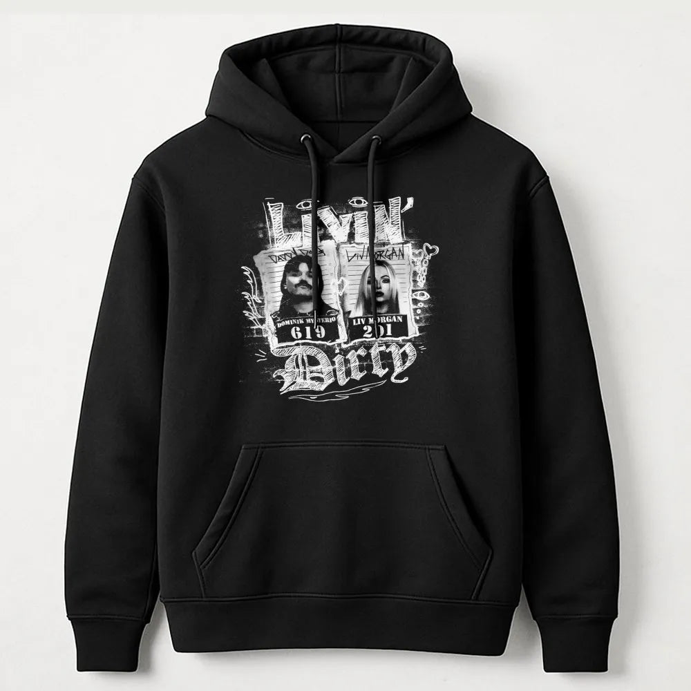 Livin' Dirty Wrestling Hoodie | Dominik Mysterio & Liv Morgan Mugshot Graphic | Premium Cotton Blend Streetwear | Wrestling F